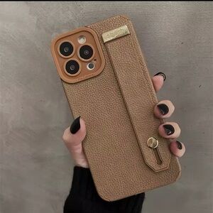 iPhone 16 Pro Max Case/Brown Textured Faux Leather with Gold Accents/Hand Strap
